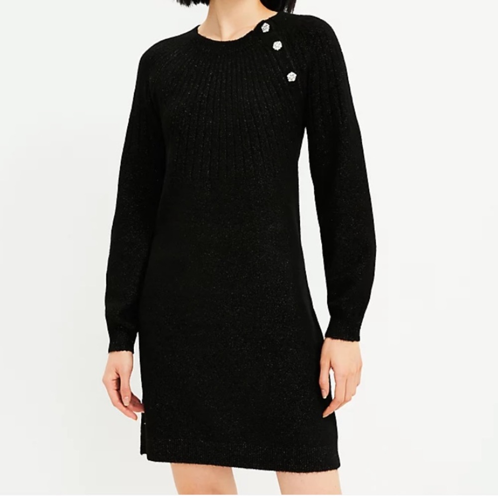 *NEW* LOFT Wool Blend Jeweled Shoulder Button Sweater Dress Medium Petite